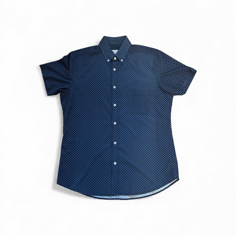 Mizzen+Main Men's Leeward Short Sleeve Navy Blue Polka Dot Shirt Large Trim Fit